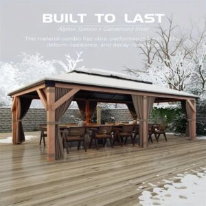 12x20ft Wood Gazebo – All-Weather with Double Metal Roof, Net, and Curtains