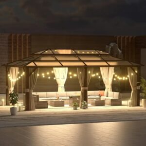 Aluminum Gazebo – Permanent Outdoor Structure with Double Polycarbonate Roof, Curtains, and Netting (12x20ft or 12x16ft)