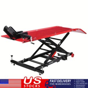 Heavy-Duty 1000 Lbs Hydraulic Motorcycle Lift Table, Moto 200Lt - Adjustable Steel Jack Stand with Secure Clamp and Slow Descent Function, Black & Red, for Workshops and Home Maintenance