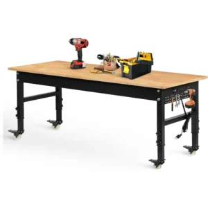 70" Adjustable Workbench on Wheels, 2000 LBS Heavy Duty Work Table with Power Outlets & Pegboard, Rubber Wood Workstation