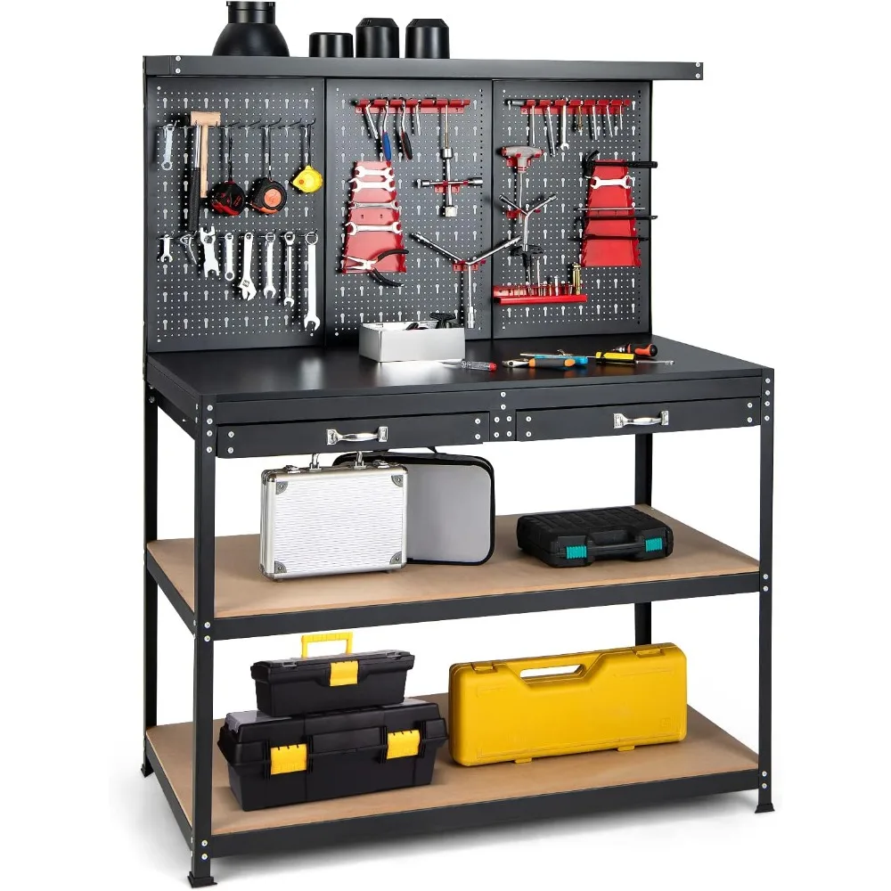 Work Bench, 48”x24” Work Table with Drawers, Pegboard, 965LBS Capacity, 25 Hanging Accessories, Metal Tool Bench