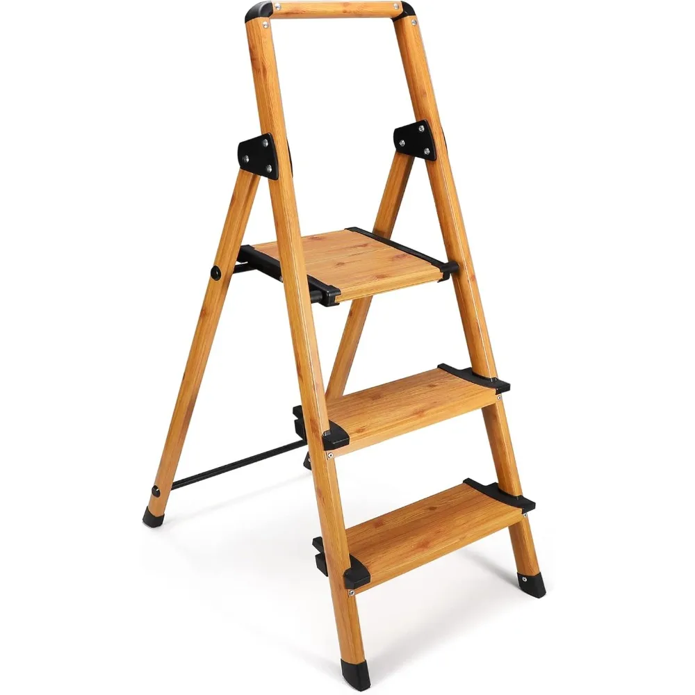 Collapsible Lightweight Aluminum 3 Step Stool Step Ladder with Long Handrails and Safety Latch Mechanism, Woodgra