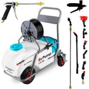 Battery Powered Sprayer: Double Pump, Adjustable Wand, Portable Pushcart with Wheels