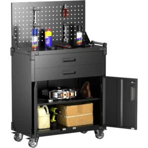 Workbench Mobile Tool Cart,Garage Workbench with 4 Wheels,Metal Storage Cabinet with 2 Drawers&2 Doors and 1 Adjustable