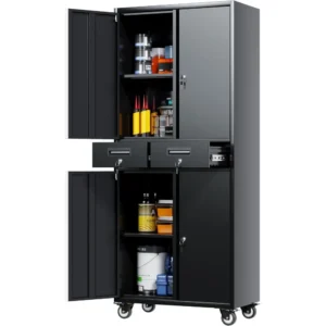 Garage Cabinet with Locking Doors,Tool Storage Cabinet with 4 Wheels and 2 Drawer and Adjustable Shelves- 71" H