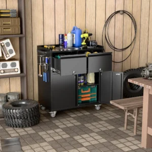 Garage Storage Cabinet with Wheels,Metal Tool Cabinet with Pegboard and 2 Drawers for Garage,Home Storage,Black