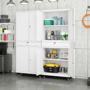 Metal Garage Storage Cabinet with Locking Doors and Adjustable Shelves, Rolling Tool Storage Cabinet