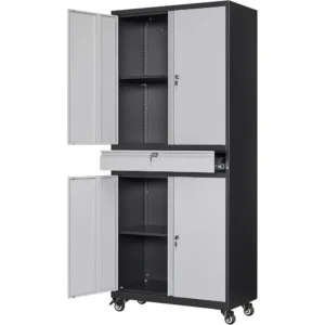 Metal Garage Storage Cabinet  Adjustable Shelves, Rolling Tool Storage Cabinet with 4 Wheels and 1 Drawer - 73" ,Gray Black