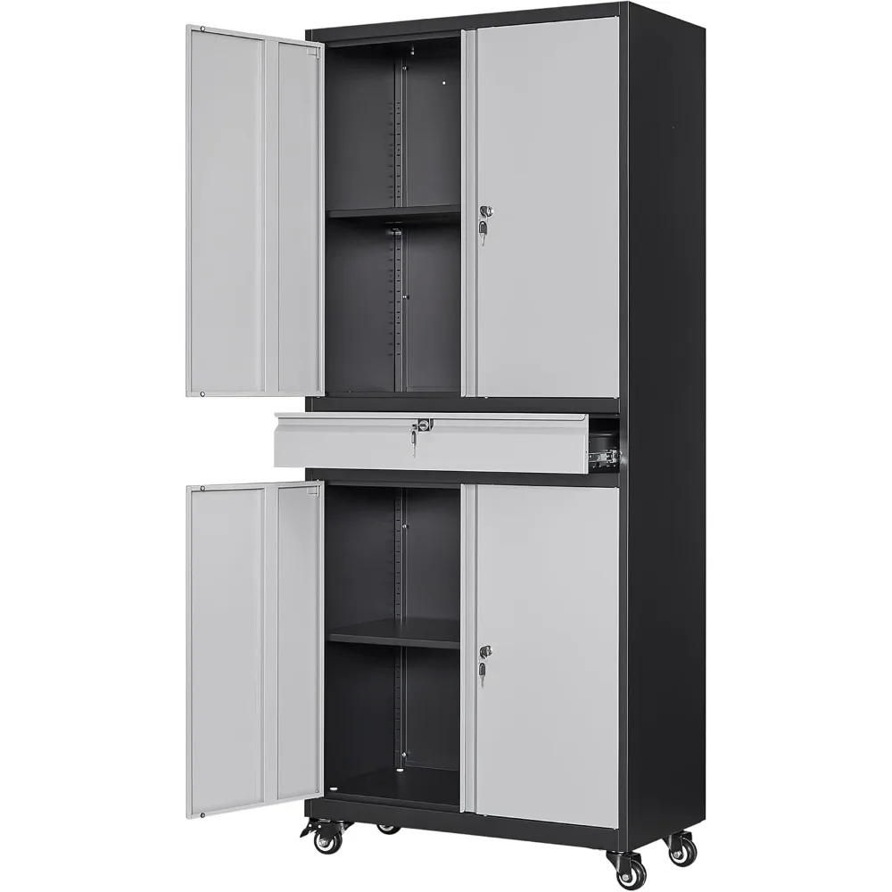Metal Garage Storage Cabinet  Adjustable Shelves, Rolling Tool Storage Cabinet with 4 Wheels and 1 Drawer - 73" ,Gray Black