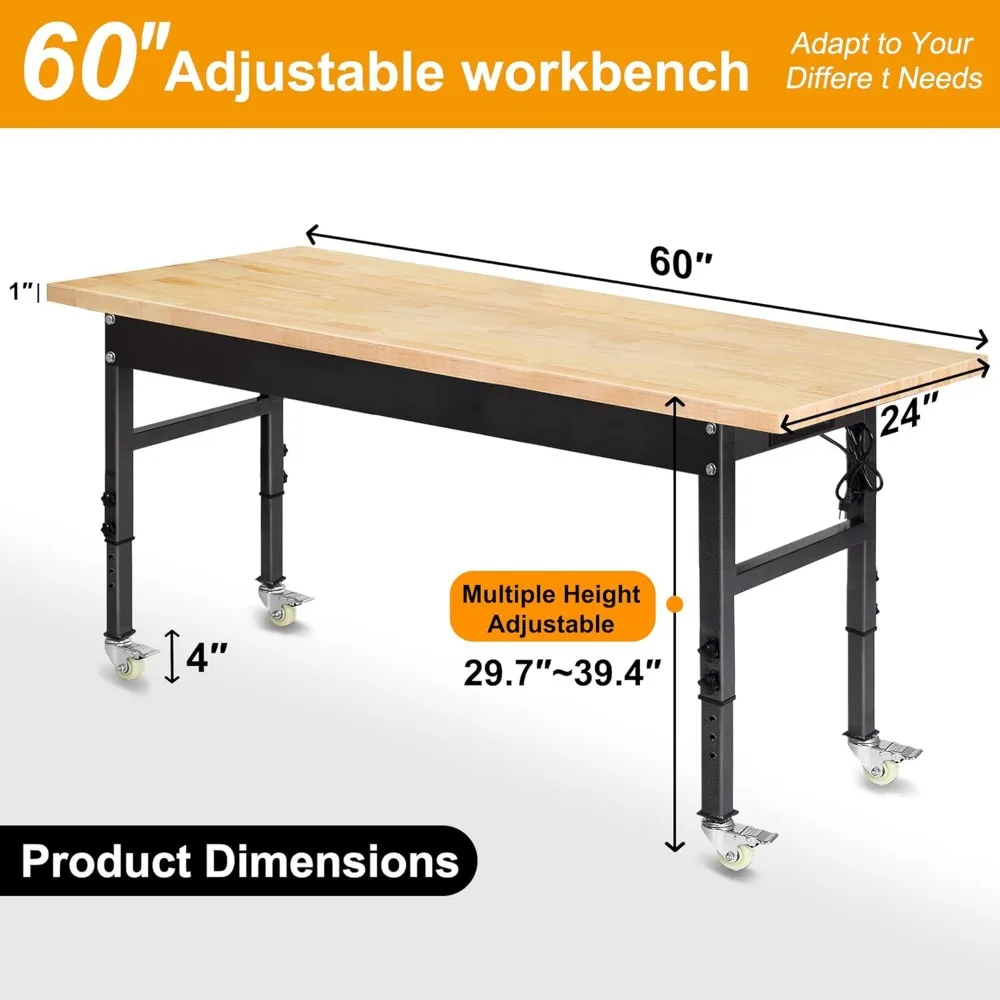 60″ Adjustable Work Bench, Rubber Wood Top Workbench Heavy-Duty Work ...