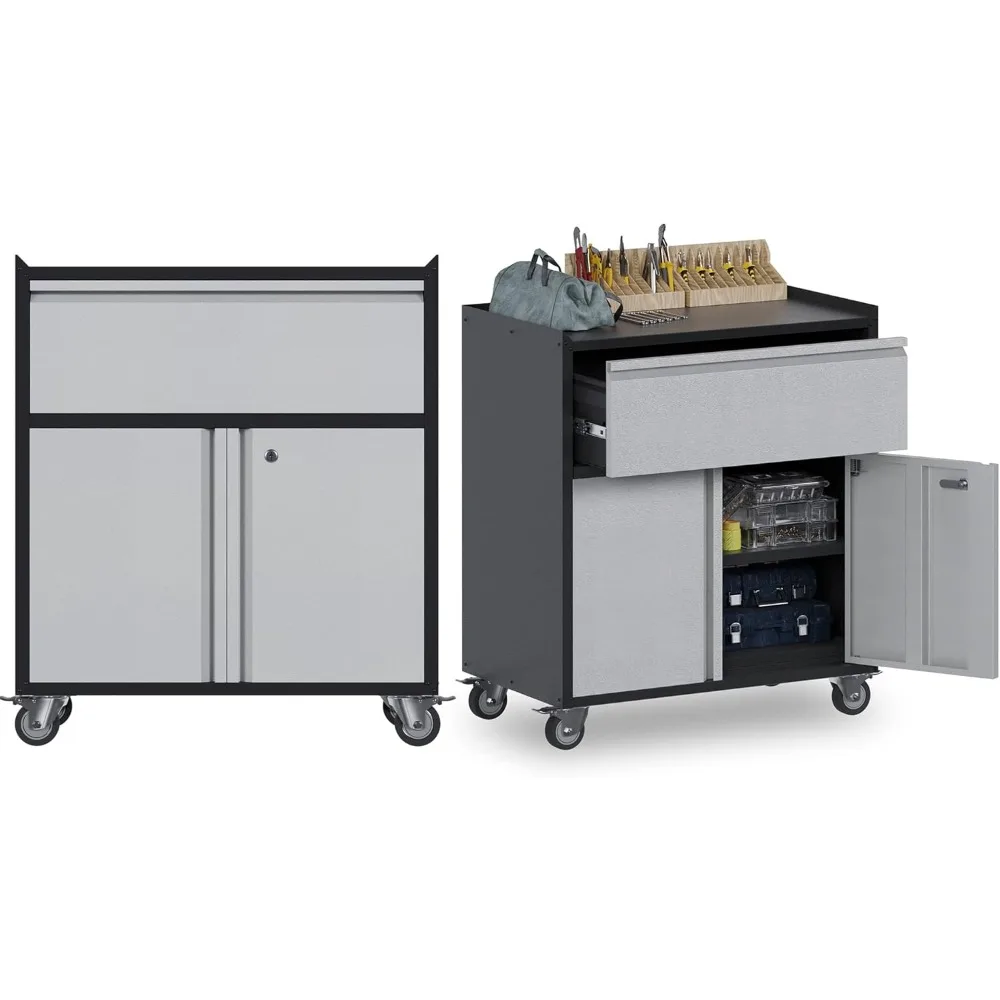 Metal Cabinet Storage on Wheels, Tool Cabinet with Wheels, Rolling Garage with 2 Doors/1 Adjustable Shelves