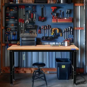 Adjustable Garage Workbench, 60x24 Rubber Wood Top Heavy-Duty Work Desk with Power Outlets, Leveling Foot, 5 Heights, 15