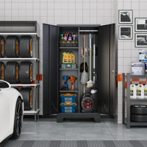 Broom Closet Storage Cabinet, Metal Storage Cabinet with Pegboard, Utility Cabinets for Brooms and Mops, Cleaning Tool Cabin