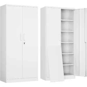 Metal Garage Storage Cabinet with 2 Doors and 5 Adjustable Shelves - 71" Steel Lockable File Cabinet, Tool Cabinets  (White)