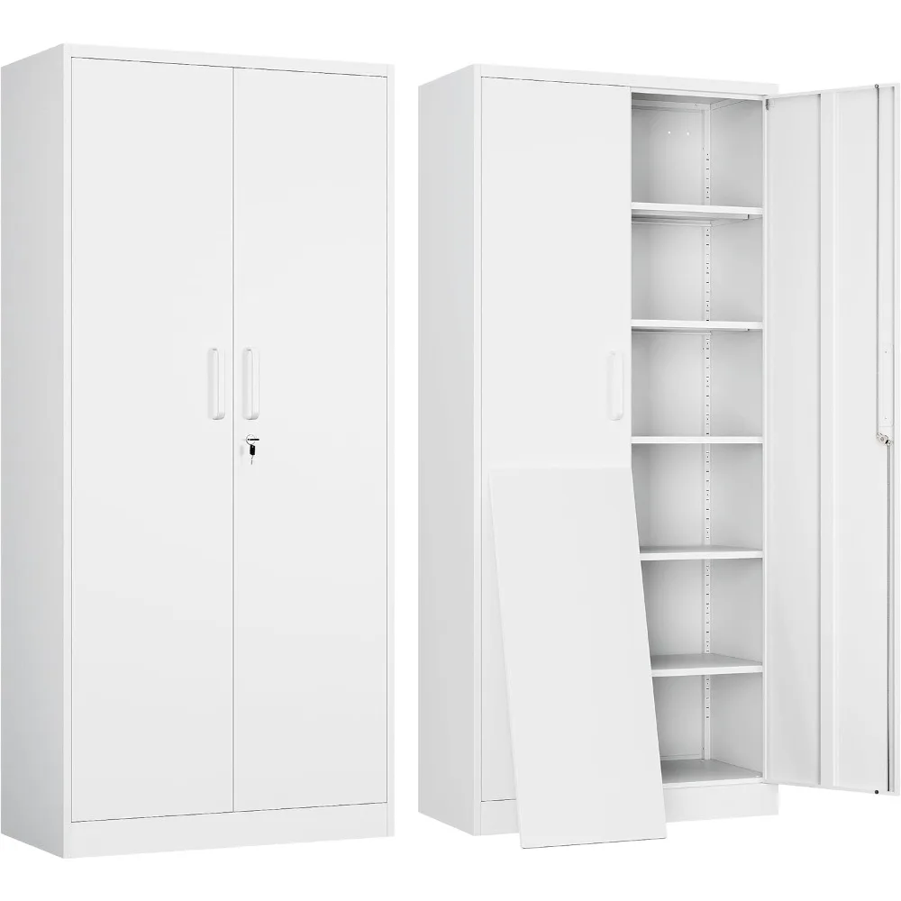 Metal Garage Storage Cabinet with 2 Doors and 5 Adjustable Shelves - 71" Steel Lockable File Cabinet, Tool Cabinets  (White)