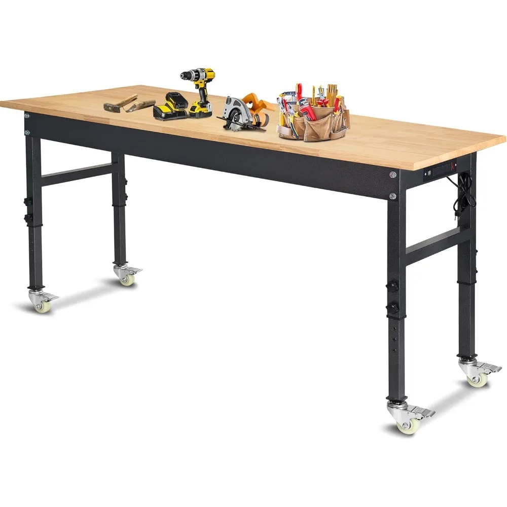 60" Adjustable Work Bench, Rubber Wood Top Workbench Heavy-Duty Work Table with Power Outlet with Wheels, 2000 LBS Load Capacity