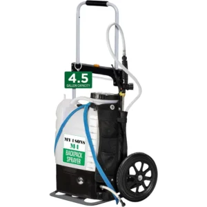 4-Gallon Battery Backpack Sprayer: Cordless, 14-Inch Wheels, Adjustable Wand, 15ft Hose, Secure Strap