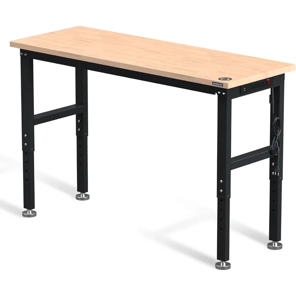 60" Adjustable Workbench, Rubber Wood Top Heavy-Duty Workstation, 2000 LBS Load Capacity Hardwood Worktable