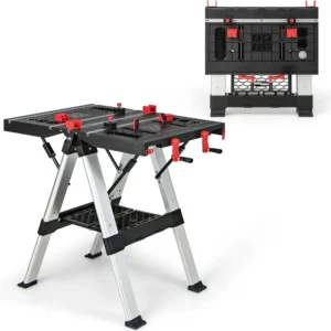 Portable Workbench, Folding Work Table & Sawhorse with Adjustable Height, 440LBS/1000LBS Capacity, Clamps, 2 x 4 Support Arms