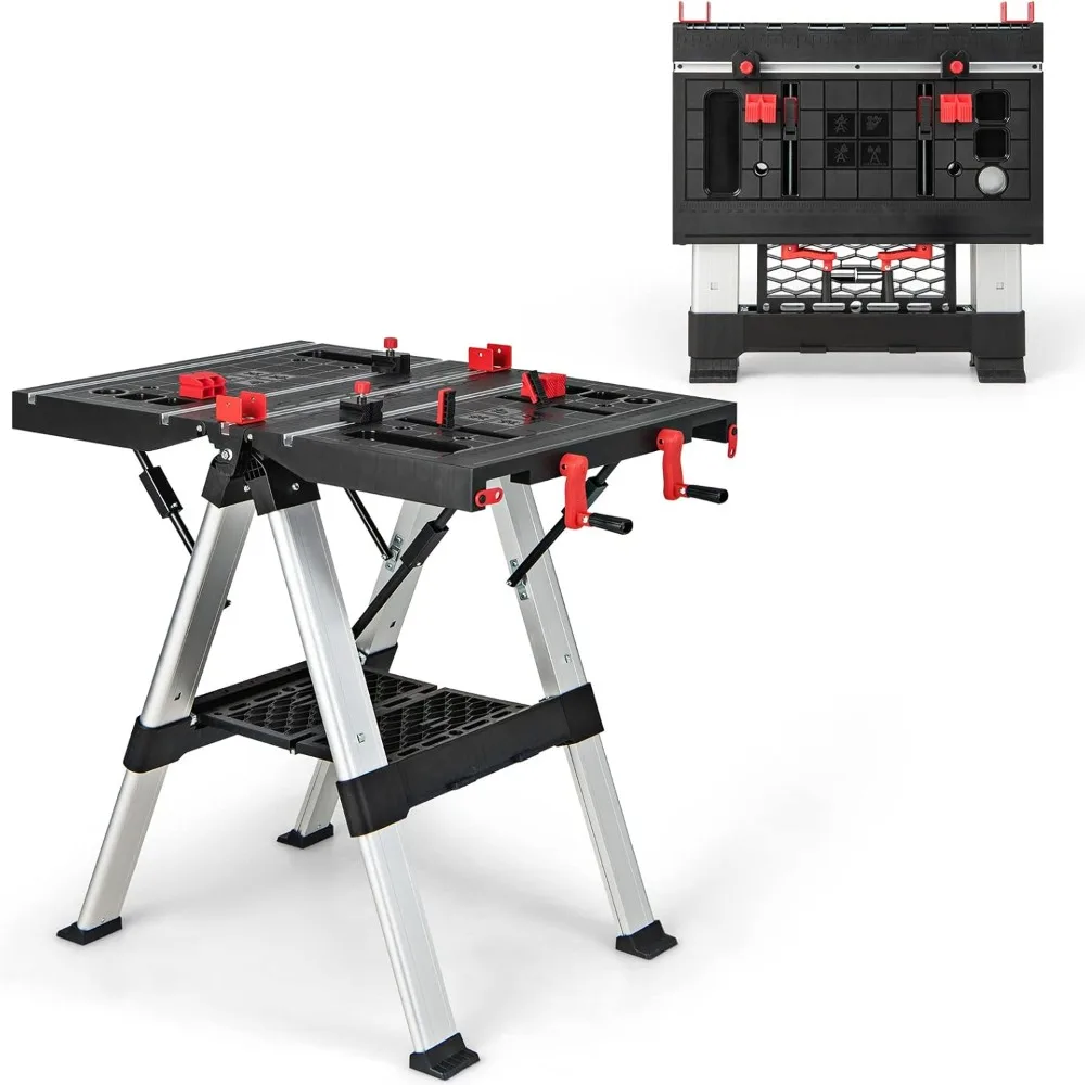 Portable Workbench, Folding Work Table & Sawhorse with Adjustable Height, 440LBS/1000LBS Capacity, Clamps, 2 x 4 Support Arms