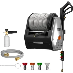 Max 2400 PSI, 2.0 GPM Electric Wall Mounted Power Washer with 100ft Grey Retractable Pressures Hose, Pressure Washer