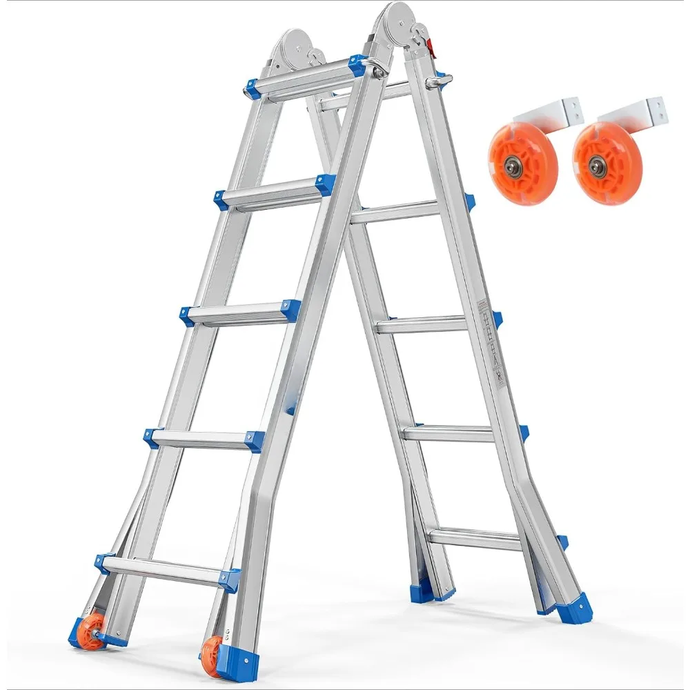 A Frame 5 Step Ladder Telescoping Ladder, 19 Ft Reach Height Muti Position Folding Ladder Flared Leg & Wheel