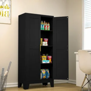 Black Metal Storage Cabinet, 61" Steel File Cabinet for Home Office, Kitchen Pantry Storage Cabinet with Doors and 3 Adjustable