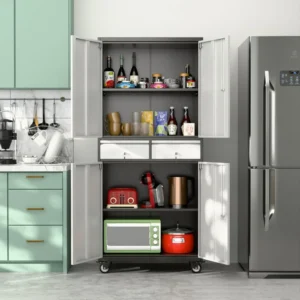 Metal Storage Cabinet with Locking Doors and 4 Wheels, Steel Rolling Tool Storage Cabinet with 2 Drawer and Adjustable