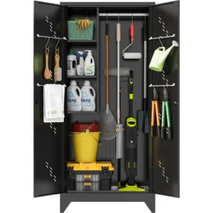 75“ Metal Garage Storage Cabinet, Tool Storage Cabinet, Multifunctional Garage Storage Broom Closet with Doors, Black