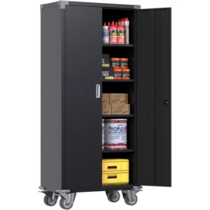 Storage Cabinet on Wheels, Rolling Locking Metal Storage Cabinet Organizer with 4 Adjustable Shelves and 2 Keys for Garages
